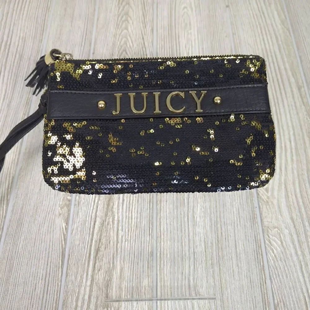 Juicy Couture Womens Sequin Wristlet Wallet Black Gold Double Zipper Closure
